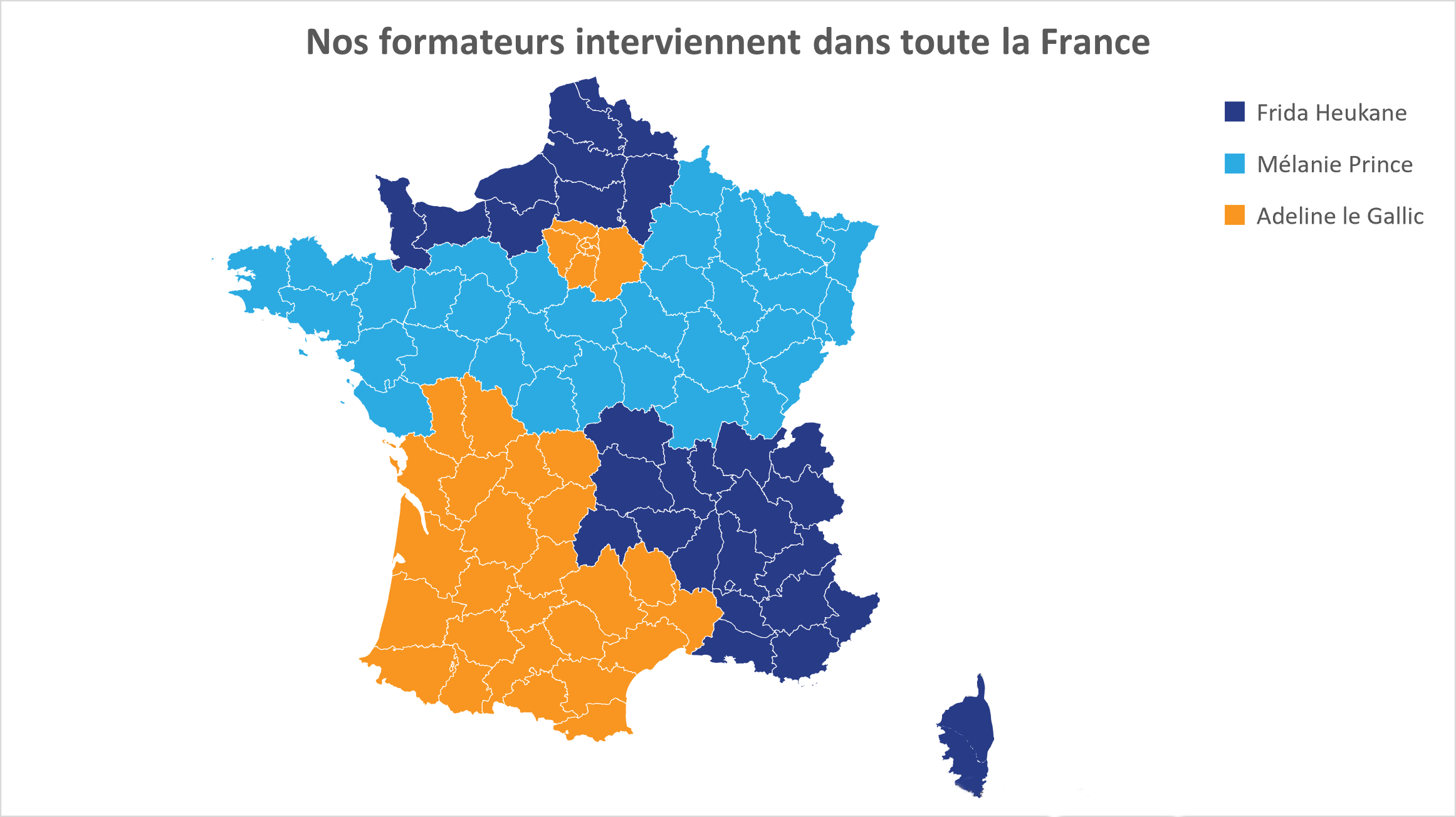 Une carte de la France, divisée par des couleurs associées à chaque région.